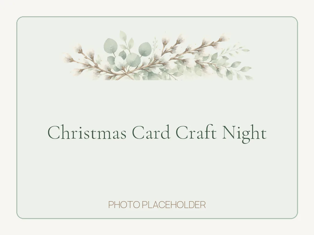 Six handmade Christmas cards arranged beside mugs of tea on a wooden table