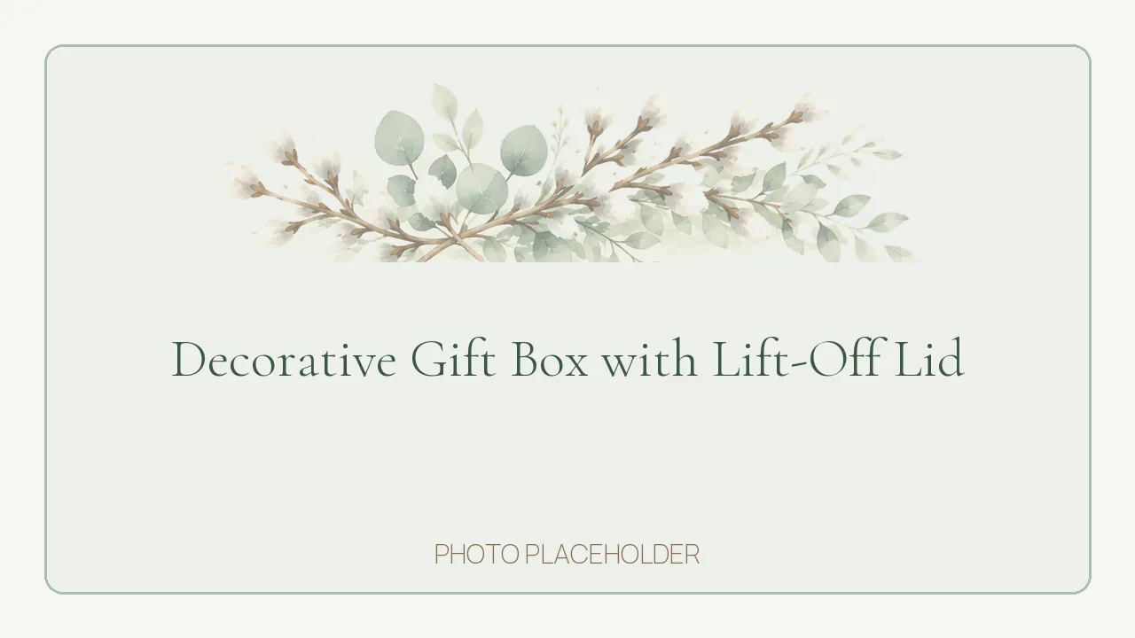 Handmade square gift box in sage cardstock with a lift-off lid, patterned band and stamped tag