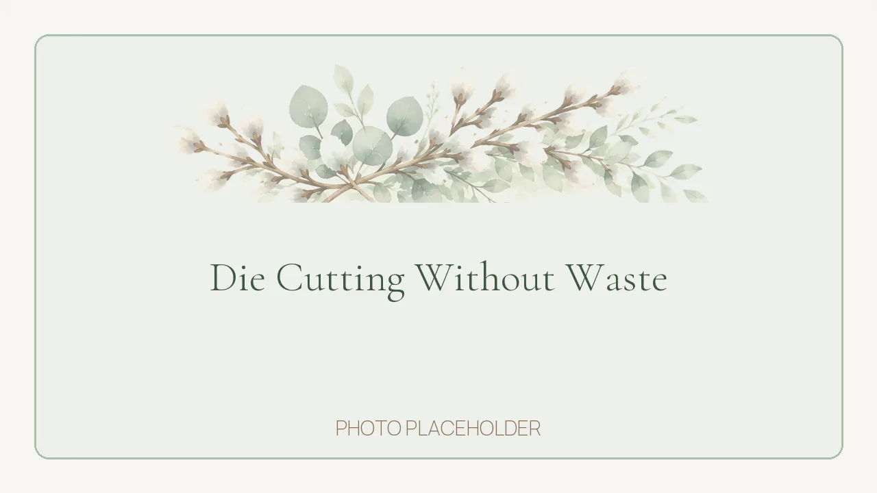 Sheet of sage cardstock with die cut shapes arranged edge to edge to minimize waste, beside a cutting machine